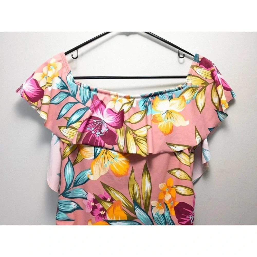 Kona Sol Pink Tropical One Piece Swimsuit Floral Ruffle Off The Shoulder XL